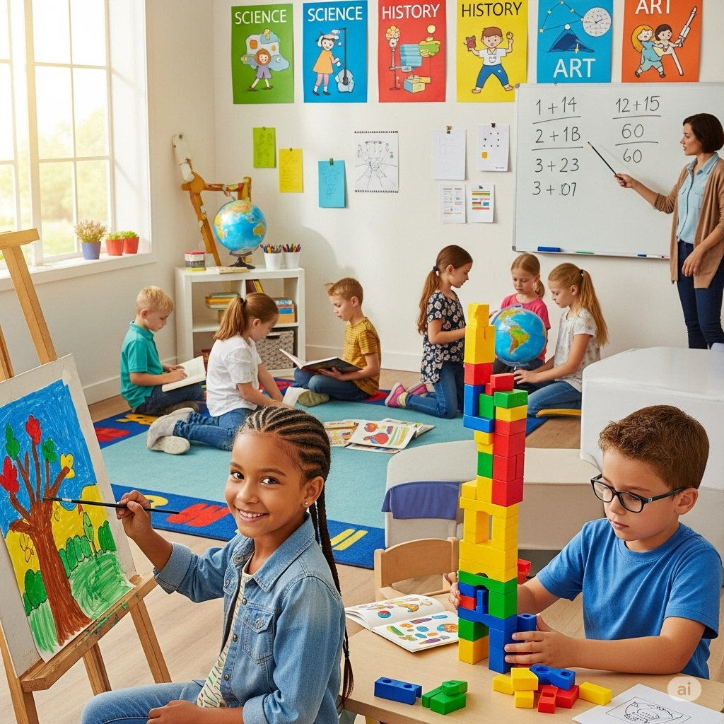 An image illustrating school activities like reading, writing, and playing sports
